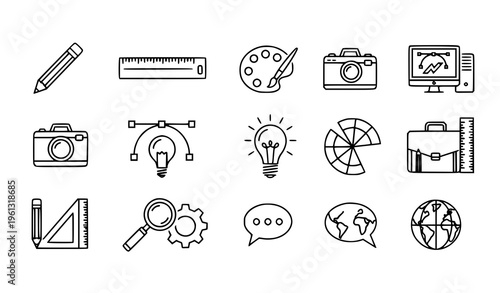 Collection of 15 line icons related to business creativity and education