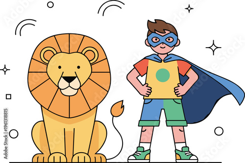 Cute Superhero Kid with Lion Cartoon Illustration Featuring Brave Child Character Animal Companion Adventure Fantasy and Fun Children Vector Design.