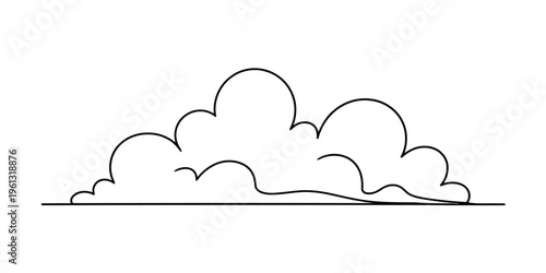 Continuous line drawing of a fluffy cloud on a horizontal line background for minimalist design.