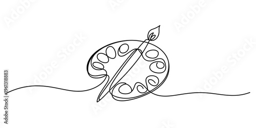 Continuous line drawing of an artist palette and a paintbrush for creative painting and art.
