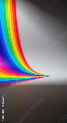 Abstract background showing a vibrant light spectrum projected onto a minimalist surface, creating a dynamic color wave and empty space, bright, glow, abstract