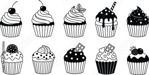 A set of black and white cupcake illustrations with various toppings and decorations