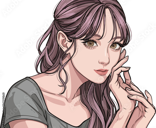 Anime style illustration of a beautiful young woman with long wavy purple hair and gentle gaze isolated on transparent background, Vector