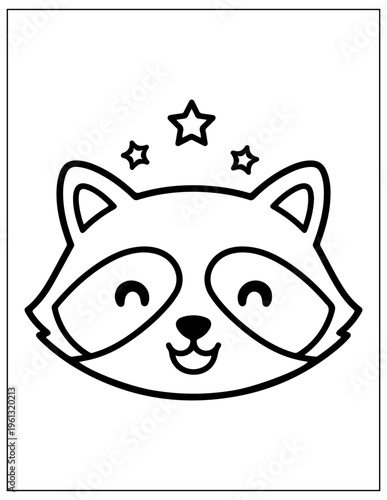 Cute racoon face, smiling cartoon raccoon, vector illustration, black and white