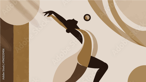Dynamic vector illustration of graceful dancer silhouette performing with abstract shapes background