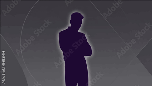 Dark vector silhouette illustration of mysterious business man standing with crossed arms