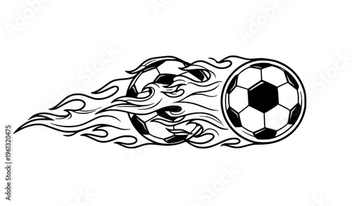 Dynamic flaming soccer balls outline vector illustration monochrome football action design