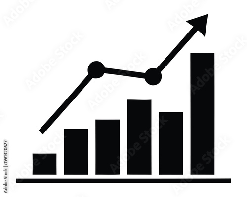A black and white graph with an upward trend and bar chart