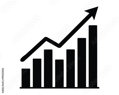 A black and white graph with an upward trend line and bars