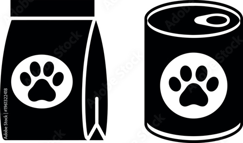 Black and white illustration of pet food packaging options for dogs