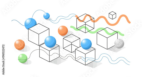 Colorful 3D cubes and spheres connected.