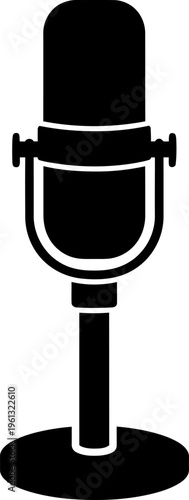 Black silhouette of a retro microphone on a stand, representing classic audio recording and broadcasting equipment