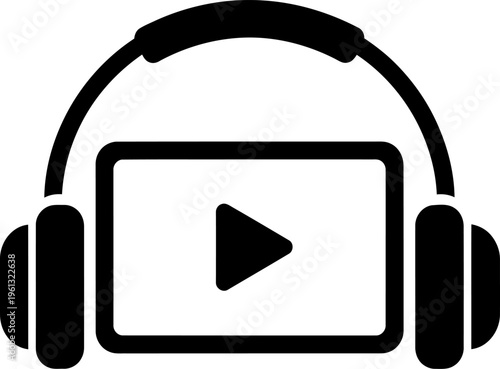 Headphones with a play button on a screen, representing digital media and audio streaming services