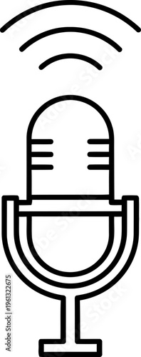 Outline illustration of a vintage microphone with broadcasting waves, symbolizing podcasting, radio, and audio recording