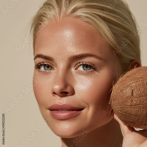 woman closeup holding a coconut