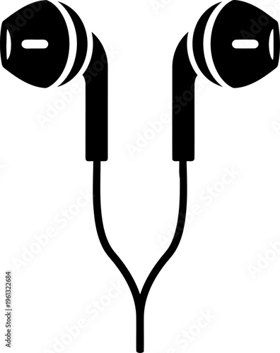 Earbuds with wire, representing personal audio devices, music listening, and digital sound technology in a simple, clean black and white graphic style
