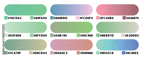 Professional color palette collection with hex codes, set of 9 gradient swatches in pastel tones, aesthetic color guide for web design and branding