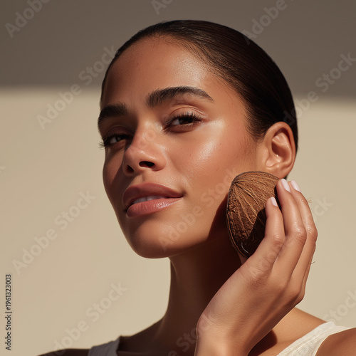 woman closeup holding a coconut