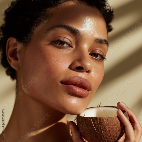 woman closeup holding a coconut