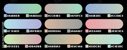 Pastel gradient color palette collection with hex codes, professional UI design swatches on black background, 9 soft aesthetic color schemes