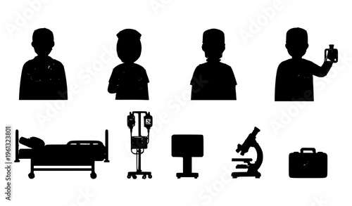 Vector set of medical staff and hospital equipment in flat minimalist style for healthcare illustrations