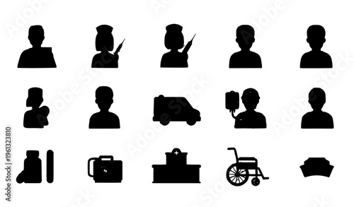 Flat vector illustration set of medical staff and equipment for healthcare and hospital design