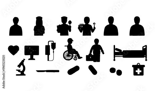 Minimalist vector set of healthcare staff and medical tools for hospital and clinic illustrations