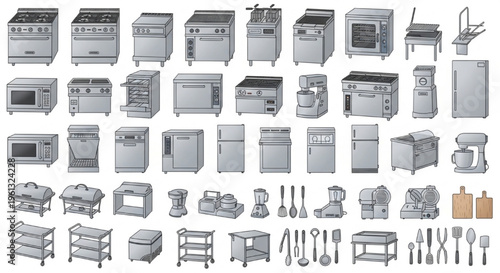 Commercial Kitchen Equipment, Restaurant Appliances, Stainless Steel, Catering Tools, Cooking Equipment Vector Collection for Industrial Food Service and Modern Culinary Workspace Illustration