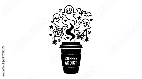 Minimalist Coffee Cup with Cartoon Ghosts and Bat Line Art, Monochrome Vector Illustration of Halloween Humor