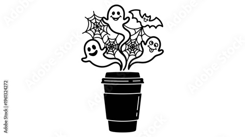 Minimalist Coffee Cup with Cartoon Ghosts and Bat Line Art, Monochrome Vector Illustration of Halloween Humor