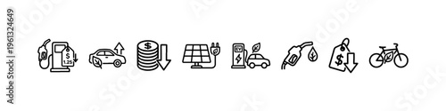 A comprehensive collection of minimalist line icons representing green energy solutions, fuel economy, electric transportation, and financial savings.