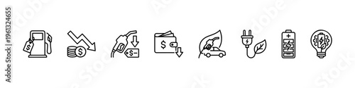 A set of minimalist line icons focusing on fuel economy, energy efficiency, cost reduction, and sustainable green energy solutions.
