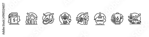 A set of minimalist line icons focusing on fuel economy, energy efficiency, cost reduction, and sustainable green energy solutions.