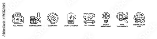 A set of minimalist line icons focusing on fuel economy, energy efficiency, cost reduction, and sustainable green energy solutions.
