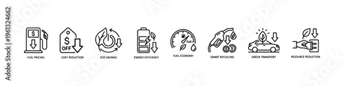 A set of minimalist line icons focusing on fuel economy, energy efficiency, cost reduction, and sustainable green energy solutions.
