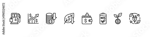 A set of minimalist line icons focusing on fuel economy, energy efficiency, cost reduction, and sustainable green energy solutions.