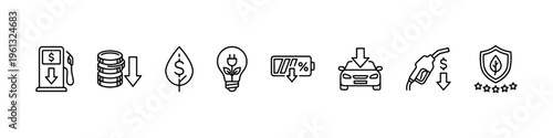 A set of minimalist line icons focusing on fuel economy, energy efficiency, cost reduction, and sustainable green energy solutions.