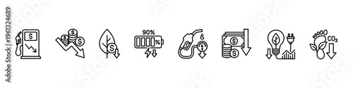 A set of minimalist line icons focusing on fuel economy, energy efficiency, cost reduction, and sustainable green energy solutions.