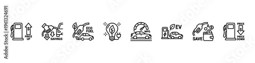 A comprehensive collection of minimalist line icons representing green energy solutions, fuel economy, electric transportation, and financial savings.