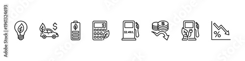 A set of linear icons illustrating fuel savings, green energy efficiency, financial cost reduction, and electric vehicle sustainability.