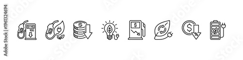 A set of linear icons illustrating fuel savings, green energy efficiency, financial cost reduction, and electric vehicle sustainability.