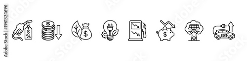 A set of minimalist line icons focusing on fuel economy, energy efficiency, cost reduction, and sustainable green energy solutions.