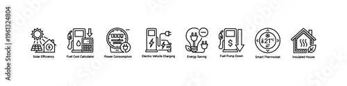 A comprehensive collection of minimalist line icons representing green energy solutions, fuel economy, electric transportation, and financial savings.