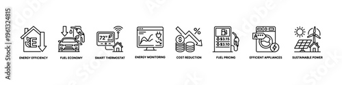 A comprehensive collection of minimalist line icons representing green energy solutions, fuel economy, electric transportation, and financial savings.