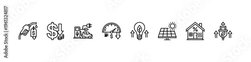 A comprehensive collection of minimalist line icons representing green energy solutions, fuel economy, electric transportation, and financial savings.