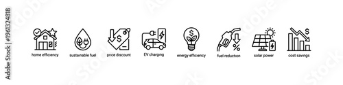 A comprehensive collection of minimalist line icons representing green energy solutions, fuel economy, electric transportation, and financial savings.