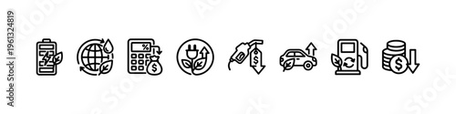 A comprehensive collection of minimalist line icons representing green energy solutions, fuel economy, electric transportation, and financial savings.