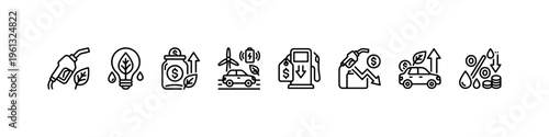 A comprehensive collection of minimalist line icons representing green energy solutions, fuel economy, electric transportation, and financial savings.