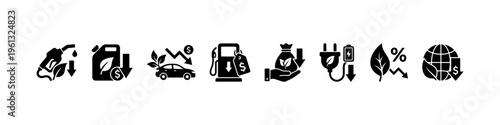 A set of solid black silhouette icons illustrating eco-friendly energy, fuel cost reduction, renewable power, and sustainable green transportation.