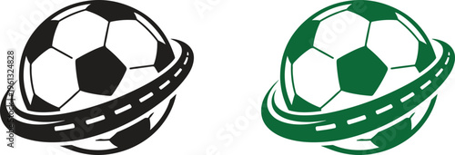 Soccer Ball with Road Orbit Logo, Football Travel Journey Concept, Global Sports Vector Icon Design
